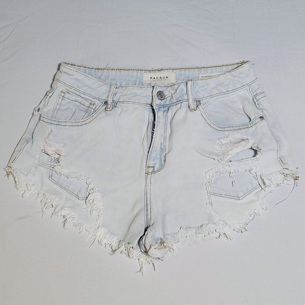 Pacsun High Rise Festival Short Distressed Denim Light Wash Cutoff Sz 27 Baddie